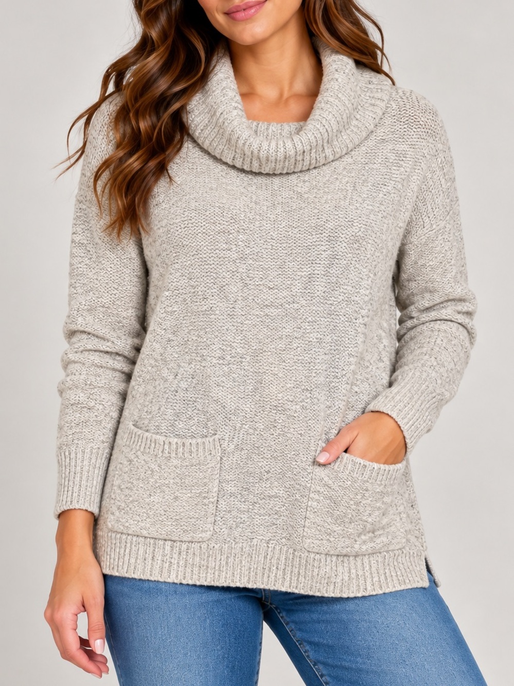 LOFT Light Grey Cowl Neck Pocket Sweater